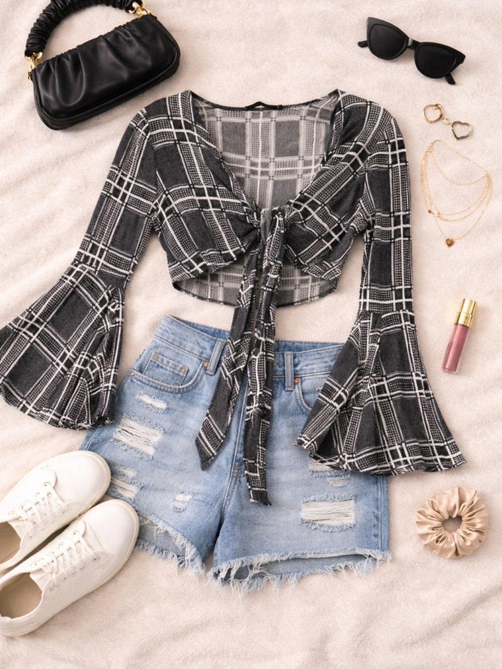 Audrey 3+1 Black & White Plaid Tie-Front Crop Top with Bell Sleeves